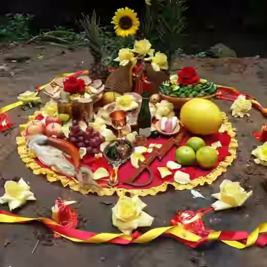 Oferenda com frutas, flores e velas para trabalho de adoçamento amoroso